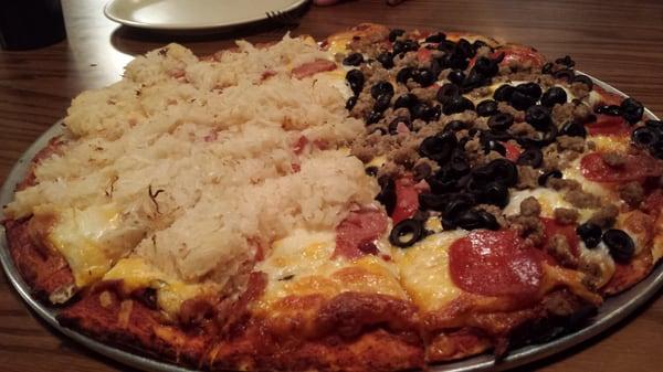 Half Pepperoni, Sausage, and Black Olive, Half Ballpark (Sauerkraut and Polish Sausage--Try it, it's amazing!)