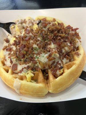 Country Breakfast Waffle (egg, sausage gravy, bacon)