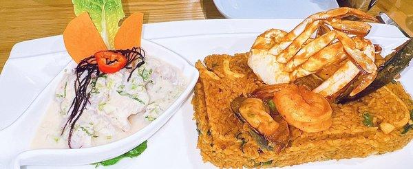 ARROZ CON MARISCOS: Peruvian Style Seafood Paella Served With A Side Of Basa Ceviche