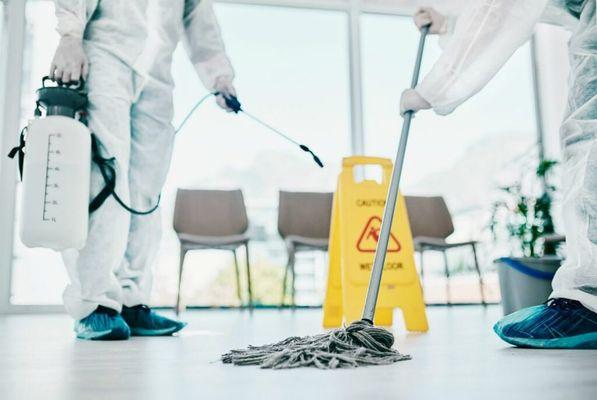 Office decontamination with Electrostatic Sprayer treatment and mop