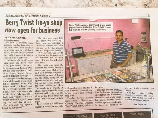 Berry Twist and owner, Bakul Shah, featured in Enfield town newspaper.