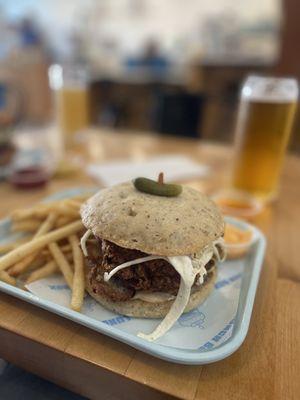 GF bun fried chicken sandwich with fries