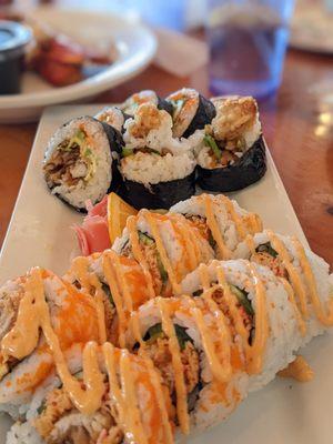 All cooked Sushi, Top: Spider Roll (soft shell crab) and Caliente Roll (shredded crab)