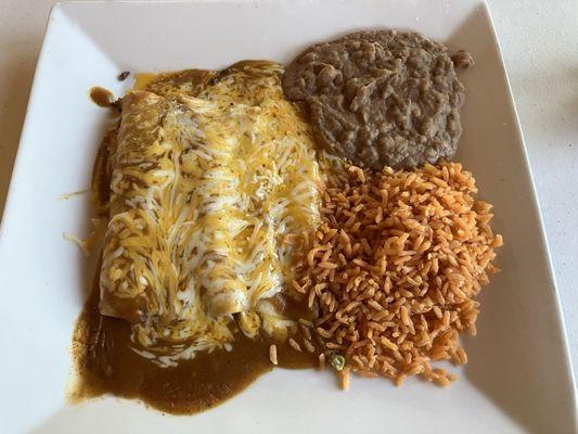 Three Enchiladas with Rice and Beans