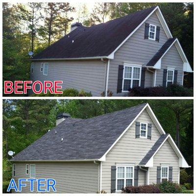 Peachtree City roof cleaning to remove black streaks caused by bacteria.