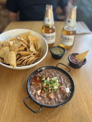 Bean Dip, chips and salsa