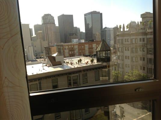 View from first floor at the Stanford court hotel this morning looking toward the financial district. Top of mark is next door.