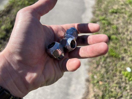 The lug nuts I found along the road and in the parking lot I was fortunate to be pulling into when the tire came off.