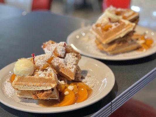 Crispy Fried Chicken and Waffles with Peach Cobbler