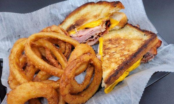 Grilled Ham & Cheese Sandwich with Onion Rings