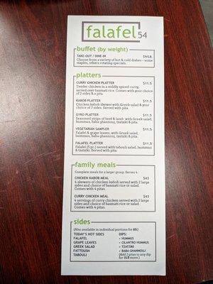 Menu 1 of 2. Buffet, platters, family meals, sides.