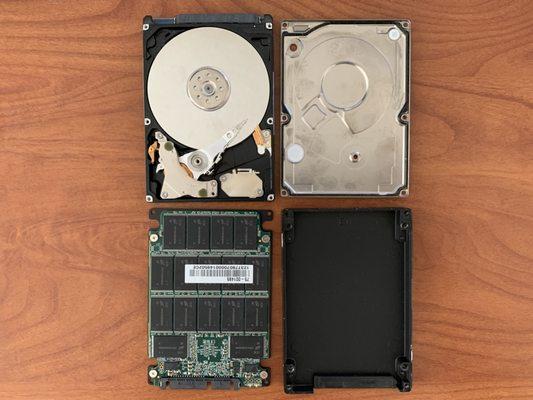 Mechanical hard drive (top) vs SSD (bottom).  Note: Both of these drives failed