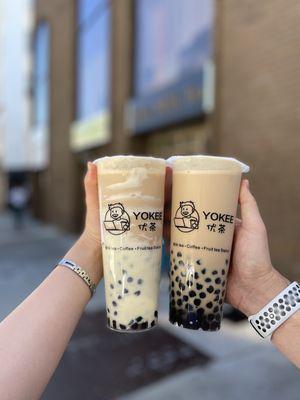 Puff Cream Milk Tea with boba (left) and Pearl Milk Tea with boba (right)