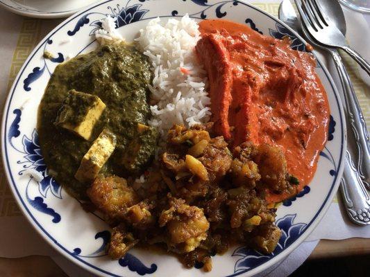 plate one, Panir (left), chicken Tikka (right), basmati rice, and some very yummy potato mixture.