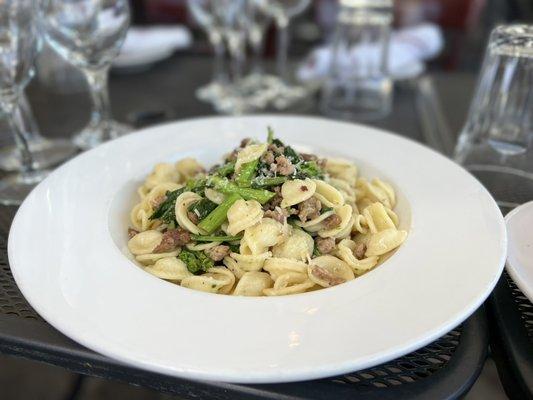 Pasta Barese, ear shaped pasta with rapini, crumbled sausage, garlic and evoo