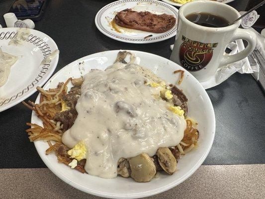 Sausage, egg, & cheese bowl with mushrooms and gravy