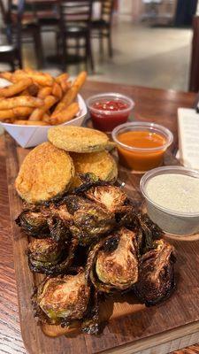 Fries, fried pickles, & fried Brussels w/ ketchup, hot sauce, & charred scallion ranch (think I said that right but )