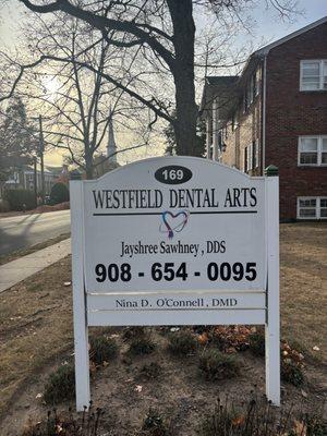 Front logo of Westfield Dental Arts . CEO Dr. Jayshree Sawhney and phone number 908 654-0095