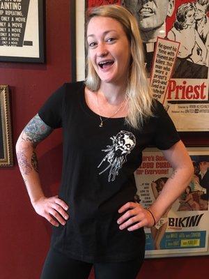 Catherine modeling our Grindhouse Girl T.