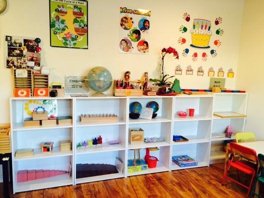 Main room activity center with bookcases of materials.