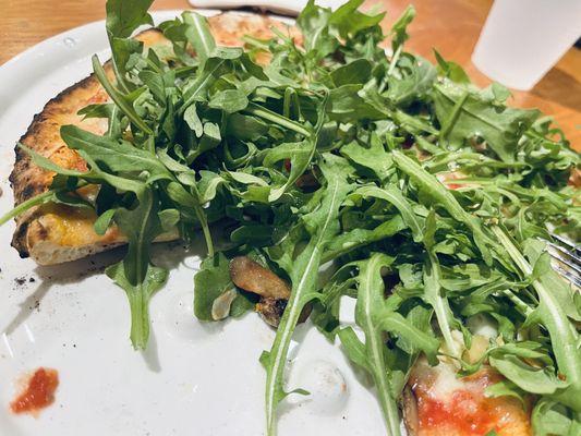 Create-your-own with Margherita base, artichoke, mushrooms, and arugula after bake. Delicious!