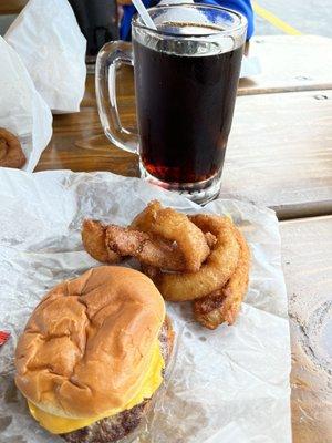 Burger Onion Rings and Root beer