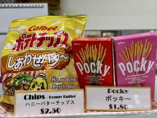 Honey butter chips & Pocky at the counter