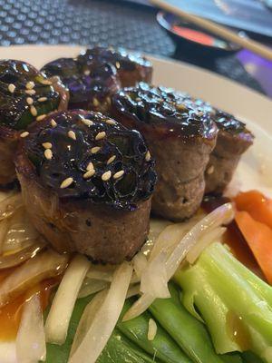 Beef Negimaki $9.95 Beef and scallion roll topped w. special teriyaki sauce