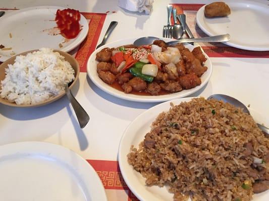 Sweet and sour chicken and  pork fried rice