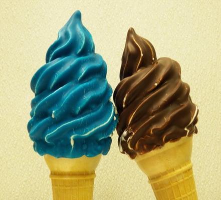 Ice cream can be dipped! (chocolate, blue raspberry, peanut butter, and cherry)