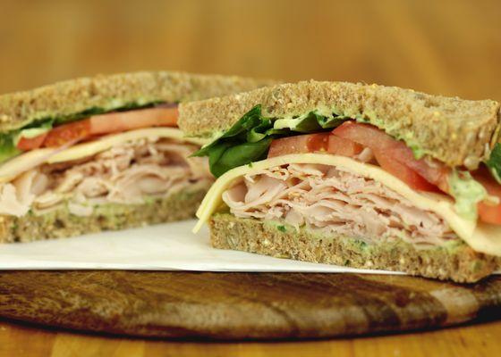 Greenway Sandwich- Roasted turkey breast, lettuce, tomatoes, red onion, provolone cheese with pesto mayo.