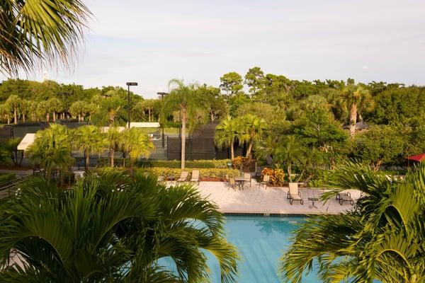 The heated pool, with tennis courts beyond.