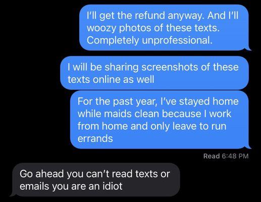 Photo of text exchange with owner of company.