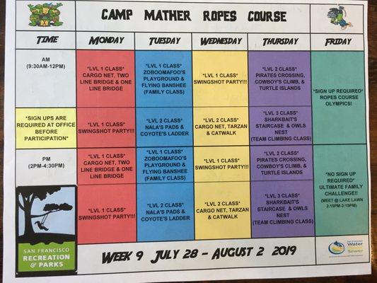 Ropes Course Schedule 2019