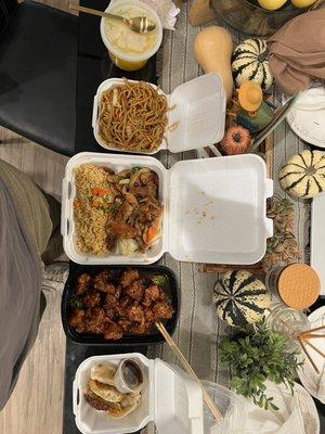 Egg drop soup, noodles, teriyaki chicken & rice, orange chicken, and Pan Fried Dumplings (we already had a few to eat!)