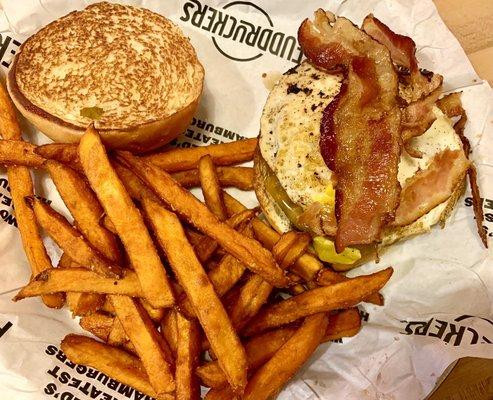 Morning burger with sweet potato fries