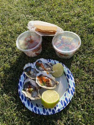 Oysters, fish and shrimp ceviches over the top flavors  Happy Day. Sunnyvale and Mtn. View Farmer's Market