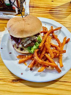 Blueberry bourbon bacon burger and sweet potato fries