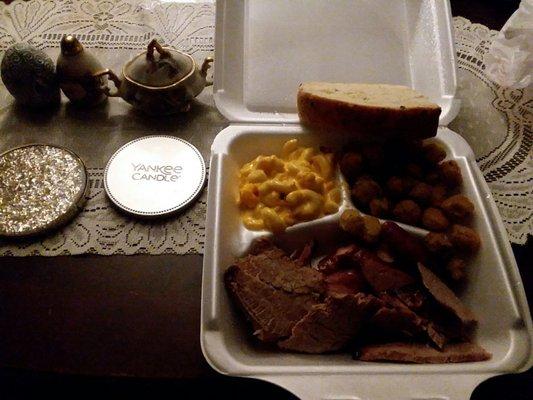 Brisket, sausage,macaroni & cheese and okra with jalapeño bread.