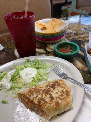 Grilled burrito, chips and salsa.