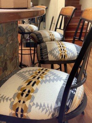 Bar Stools upholstered with Pendleton wool fabric.