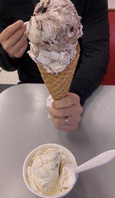 Ice cream in a cup and waffle cone