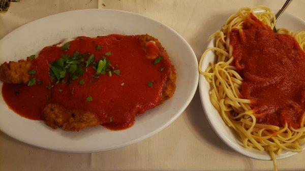 Veal Parmigiano with side of linguine