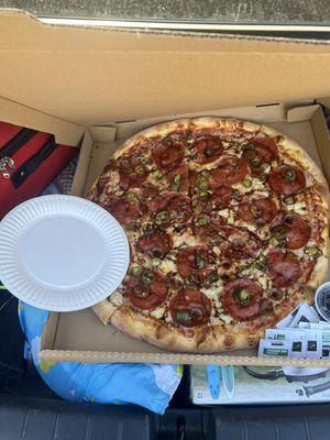 21" pepperoni, sausage, jalapeños, with balsamic reduction