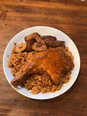 Jollof and plantains with chicken