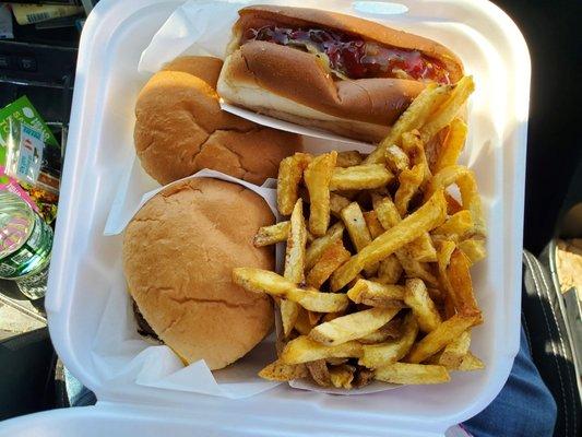 Loaded burger, loaded dog, fries and a double cheese burger