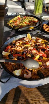 Traditional paella (near) and vegan paella (far)