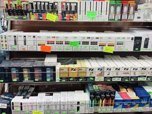 E- Cigarette: JUUL, MYLE, BLU,  Disposables and Pods.