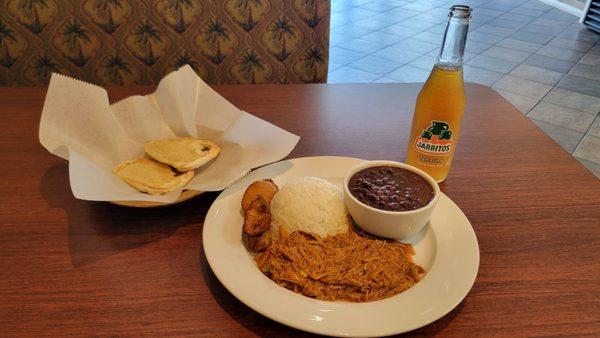 Ropa Vieja - Shredded Beef with Black Beans, Rice, Bread, and Tamarind Soda