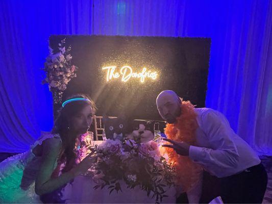 Bride and Groom Table with their married name in lights